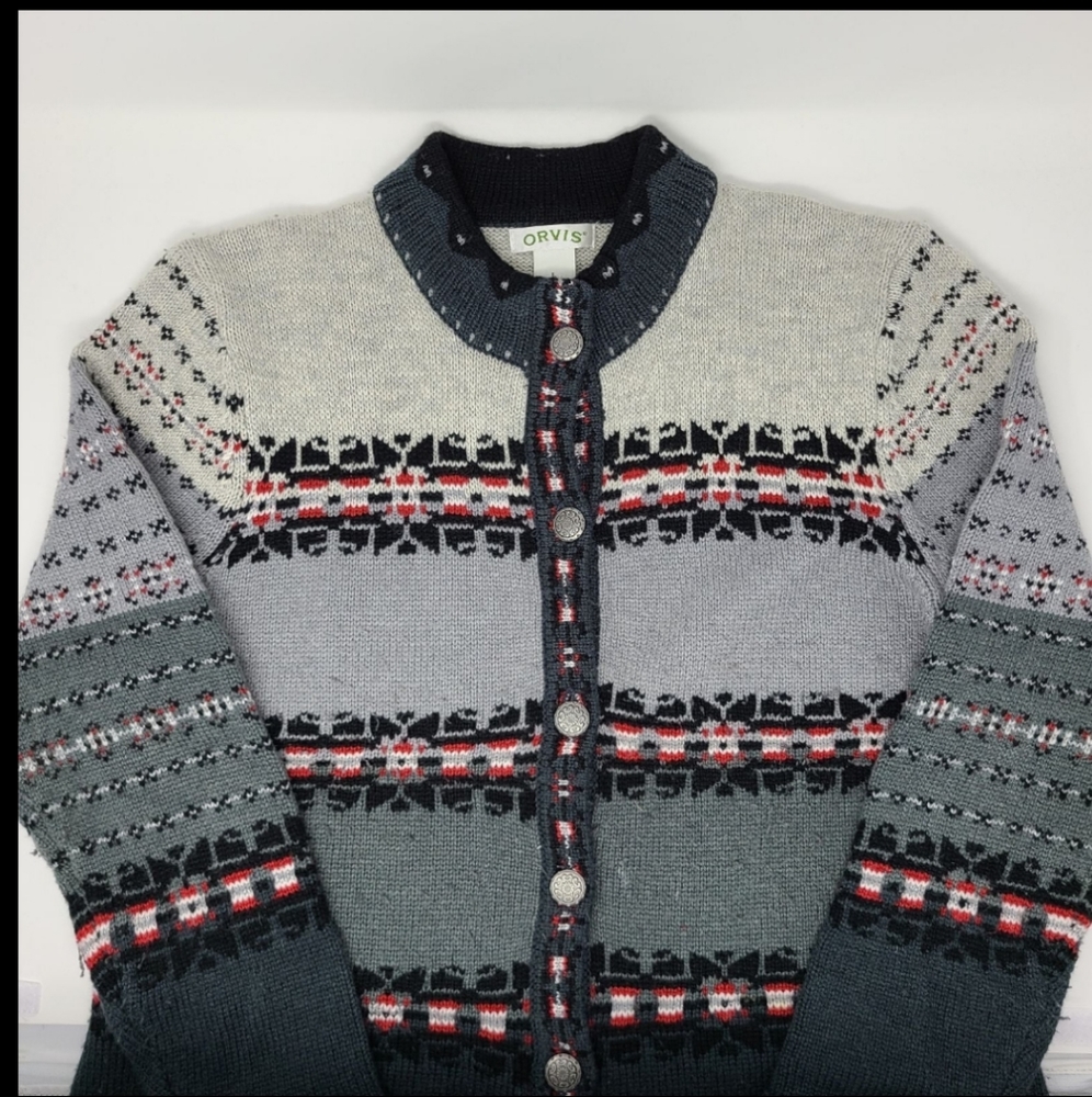 Women's Orvis Nordic Button Up Sweater Wool Cardigan Large Stripe Gray Vintage